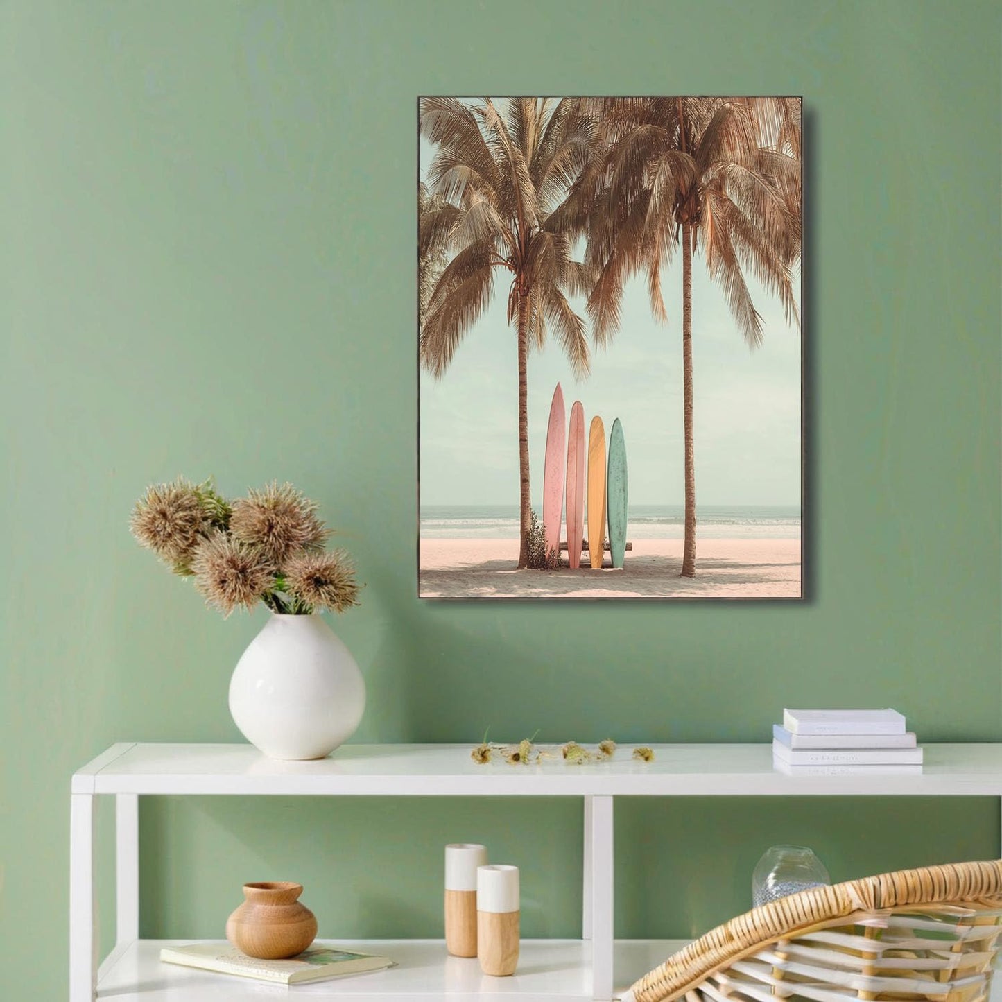 GDJSMIN Beach Landscape Wall Art, Green Palm Tree Elements Poster For Reading Room Living Room Decor 16X 24 Inch Unframed