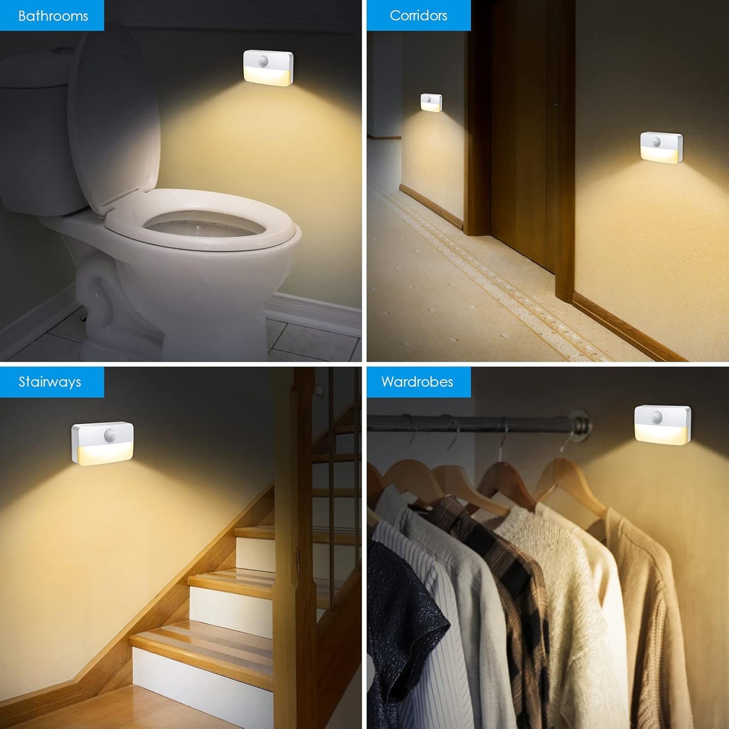 AMIR 4 Pack Mini Motion Sensor Stair Light for Indoor, Battery-Powered LED Night Light, 40 Lumen 3000K, Cordless Closet Lights, Safe Lights for Stairs, Hallway, Bathroom, Kitchen, Cabinet