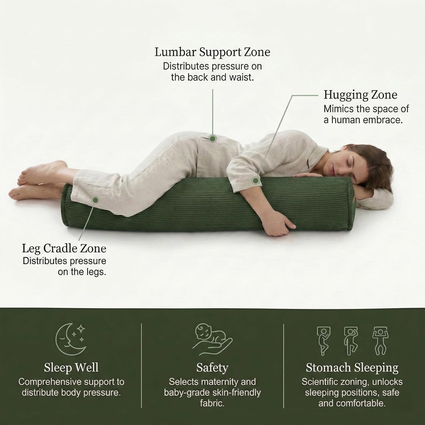 Cuddle Pillow – Corduroy Long Body Pillow for Adults, Cozy Bolster Pillow for Bed, Soft & Supportive for Relaxing Sleep,47 x 7.87 Inches,Avocado Green