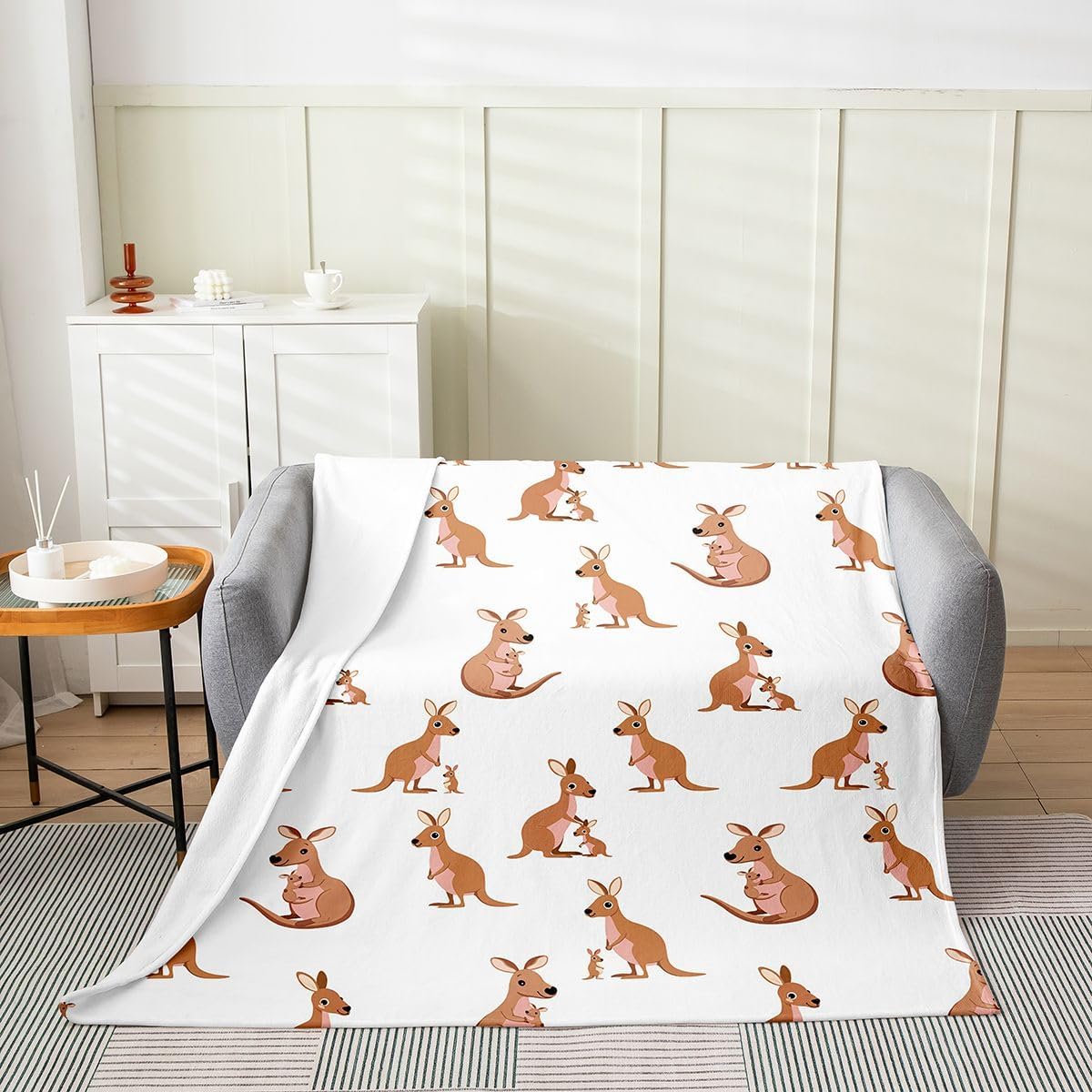 Feelyou Kids Kangaroo Throw Blanket All Season, Cute Wild Animal Bed Blanket for Girls Boys Bedroom Wild Kangaroos Decor Fleece Blanket, Brown Flannel Fuzzy Plush Blanket Queen 90"x90"