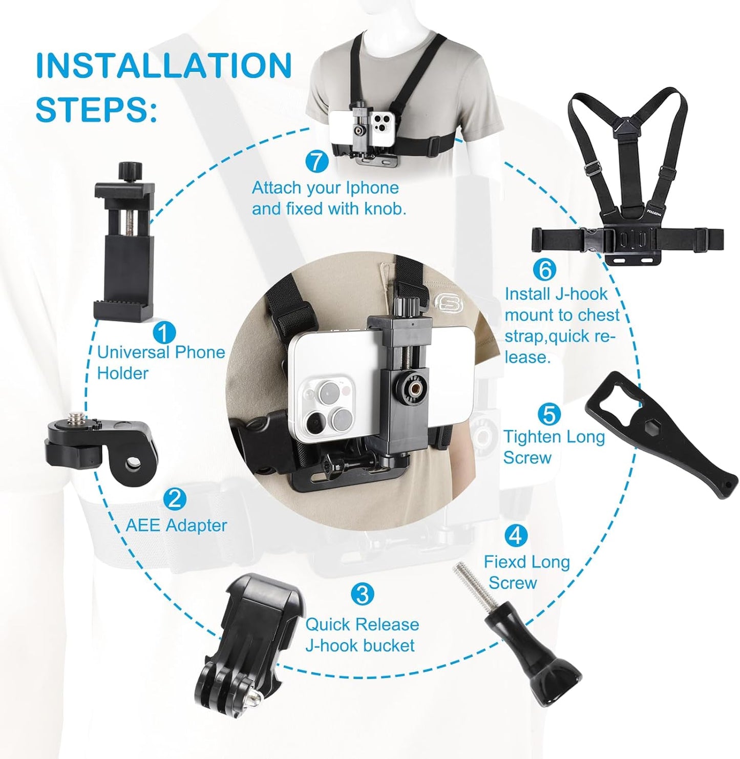 PellKing Mobile Phone Chest Strap Harness Mount Head Strap Holder Kit for POV/VLOG,Cell Phone Clip Compatible with iPhone,Samsung,GoPro Hero 9, 8,7, 6, 5, 4, 3,2, 1,AKASO,DJI Osmo,and Action Cameras…