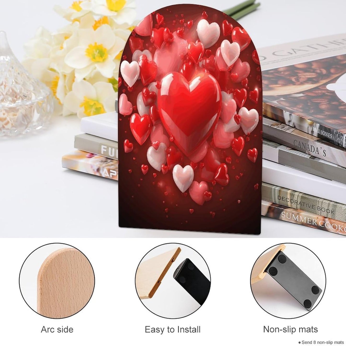 Love Red Hearts Bookend for Shelves Wooden Book End Large Size Sturdy Book Holders Stoppers with Metal Base for Bookshelves Slick Decorative Bookends Stands