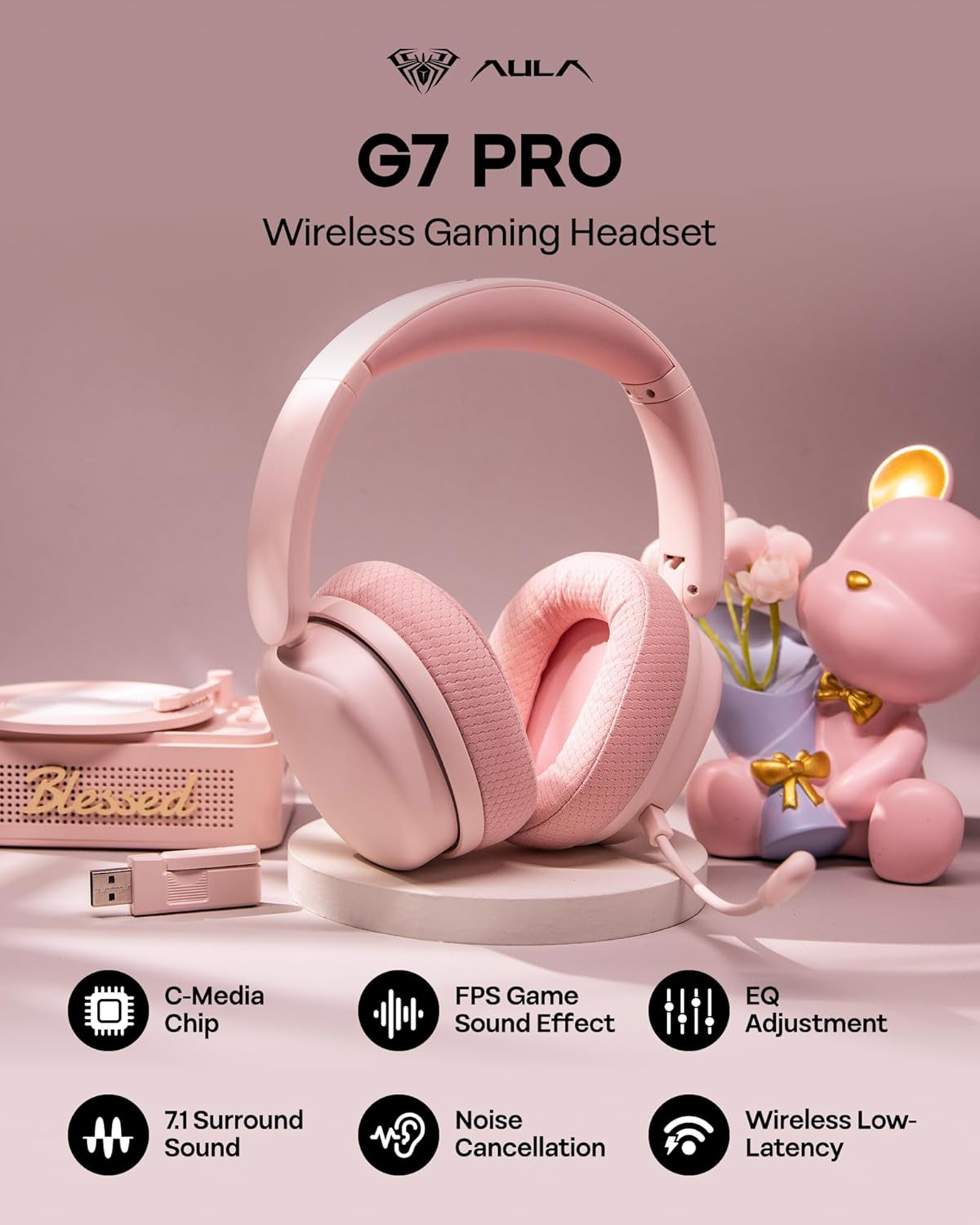 EPOMAKER X Aula G7 Pro Wireless Gaming Headset, Dual Mode BT5.3 & 2.4GHz, 7.1 Surround Sound, 80+ Hour Battery, RGB Light, with Noise Canceling Mic for PS5, PS4, Switch, PC (Pink)