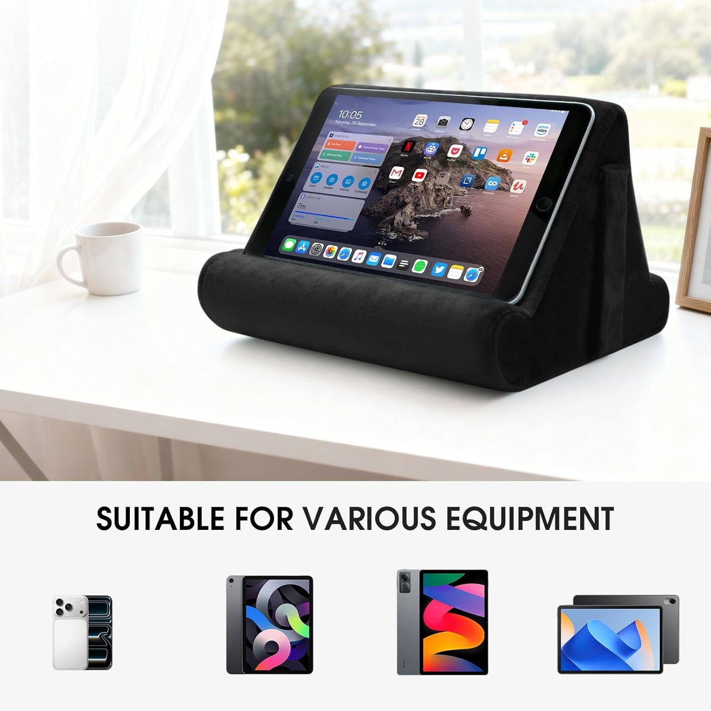 Universal Tablet Cushion Stand - Multi-Angle Lazy Holder with Net Pocket & Phone Stands Options for Lap, Knee, Sofa, Bed (Black)