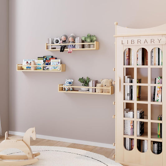 Fixwal Nursery Book Shelves, 23.6 Inch Floating Bookshelves for Wall Set of 3, Baby Nursery Decor, Solid Wood Wall Mounted Shelves for Books, Toys and Decor Storage (Natural Wood)