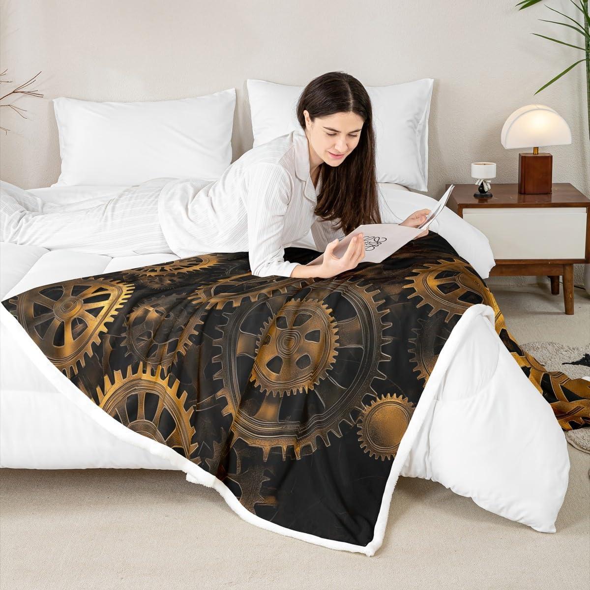 Erosebridal Golden Ndustrial Gear Fuzzy Blanket Steampunk Style Throw Blanket Clocks Theme Bed Blanket for Boys Men Mechanical Device Fleece Blanket Twin Warm Flannel, Black