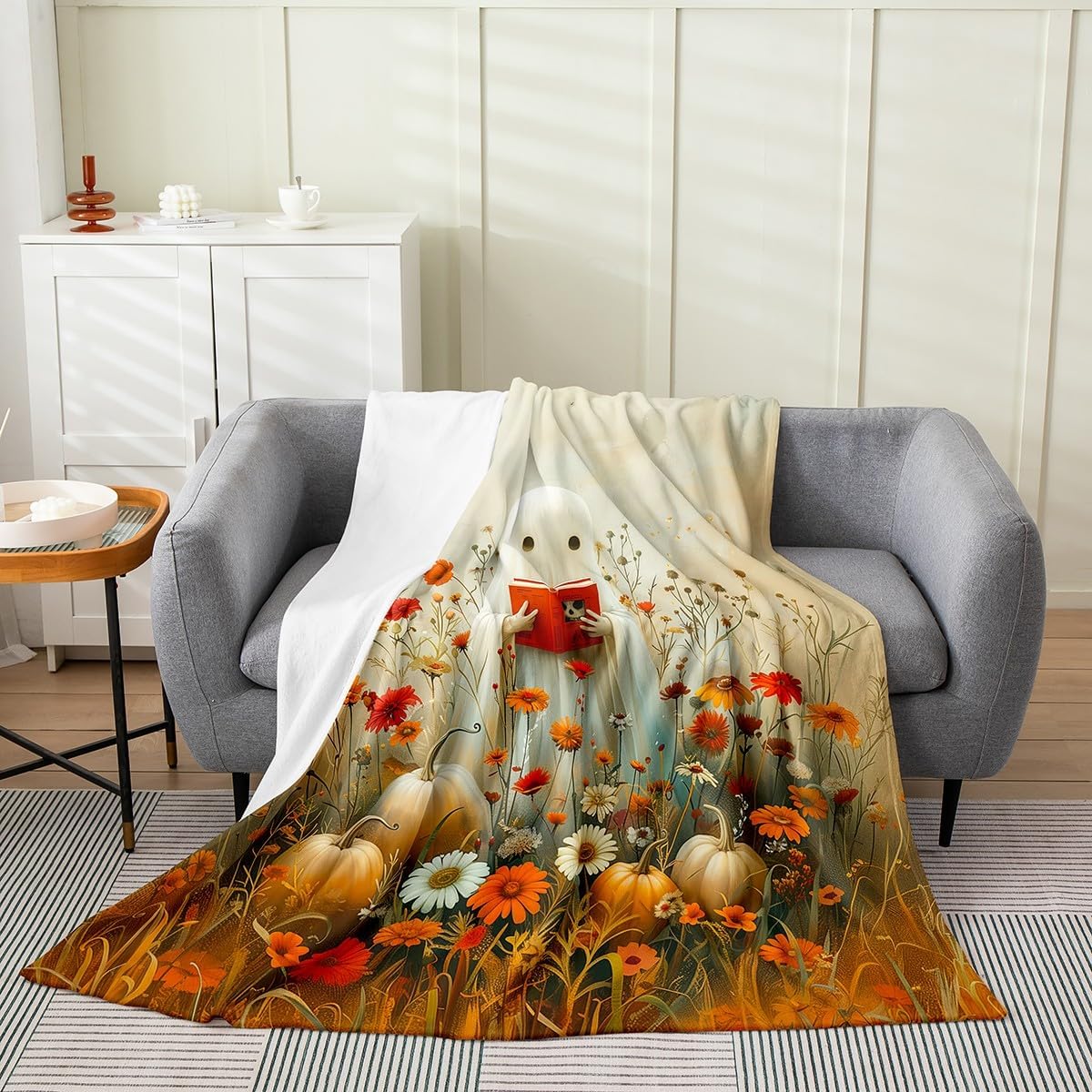 Manfei Reading Ghost Flannel Blanket Autumn Pumpkins Flower Throw Blanket Cute Halloween Theme Cozy Throws for Bed Couch Sofa,Kids Boys Girls Room Decor,Soft and Breathable(50 x 60 Inches)