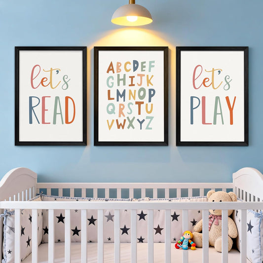 3 PCS Alphabet Numbers Framed Playroom Wall Decor, 16x11 Classroom Must Haves Kids Art Alphabet Poster, Educational ABC Wall Decor for Nursery, Classroom, Boy Girl Room, Black