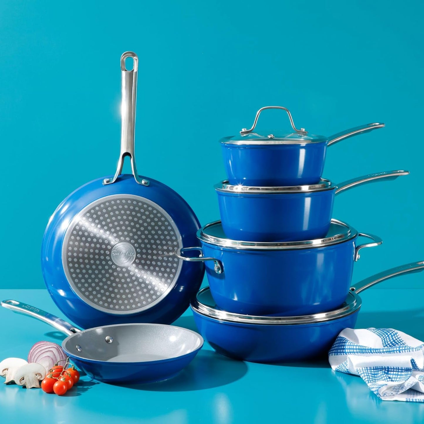 Sur La Table Kitchen Essentials 10 Piece PFA Free Titanium Ceramic Nonstick Interior Forged Aluminum Cookware Pots and Pans Set - Blue - Induction Compatible