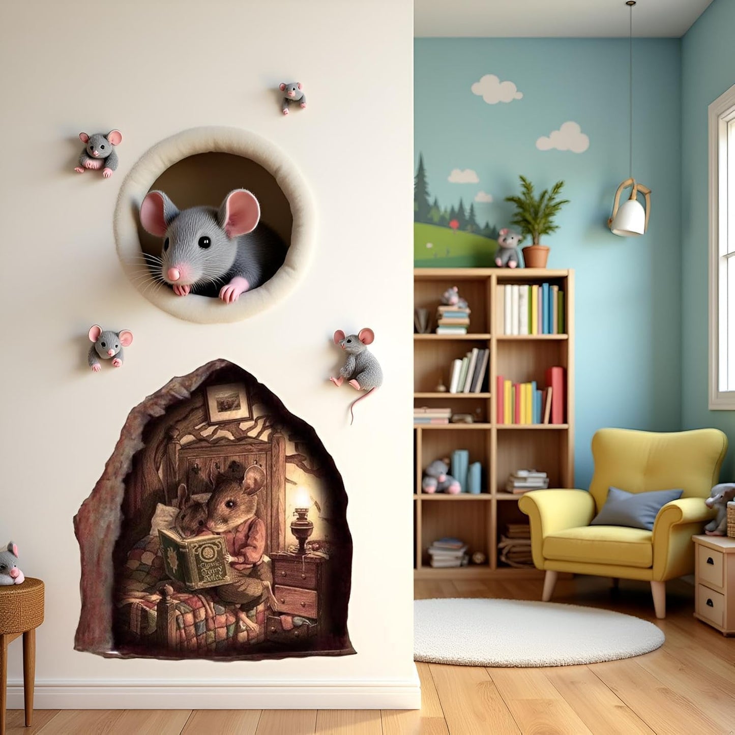 Mouse Hole Wall Decal, 3D Mouse Hole Realistics Wall Sticker, Reading Book in a Decal Fun Art, Water Proof Wall Stickers for Bedroom Decor Wall Treatments and Supplies