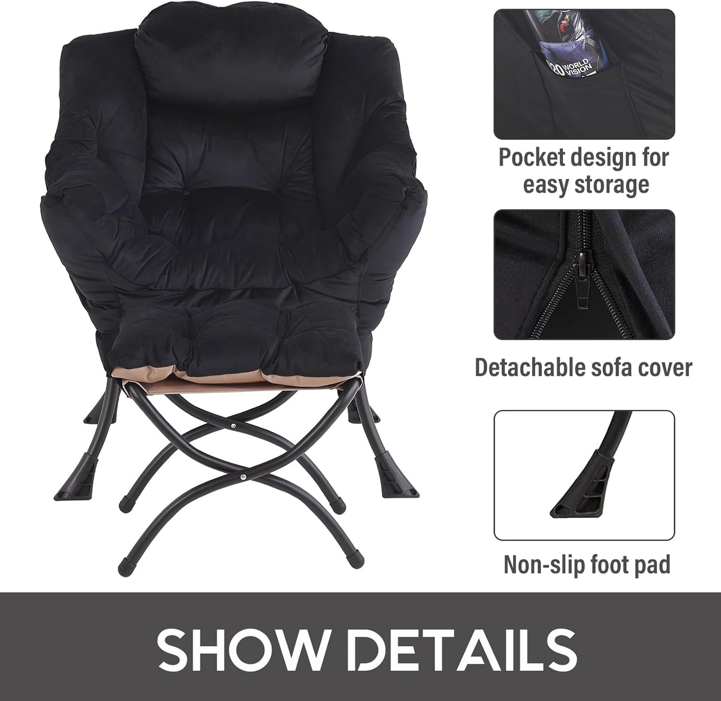 LITA Lazy Chair with Ottoman, Modern Accent Leisure Upholstered Sofa Chair, Contemporary Lounge Reading Chairs with Armrests and a Side Pocket for Living Room, Bedroom & Small Space, Black