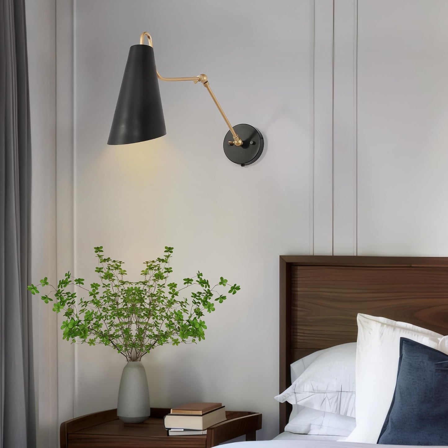 KSANA Modern Swing Arm Wall Lamp, Plug in or Hardwired Wall Sconces Lighting, Black and Gold Adjustable Light Fixture with On/Off Switch for Bedroom, Kitchen and Living Room