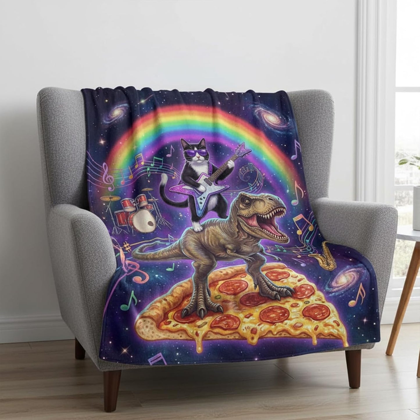 Funny Rock Cat Throw Blanket, Music Cat Pizza Dinosaur Musical Galaxy Soft Cozy Flannel Blanket for Music Lovers, 50×60 inch
