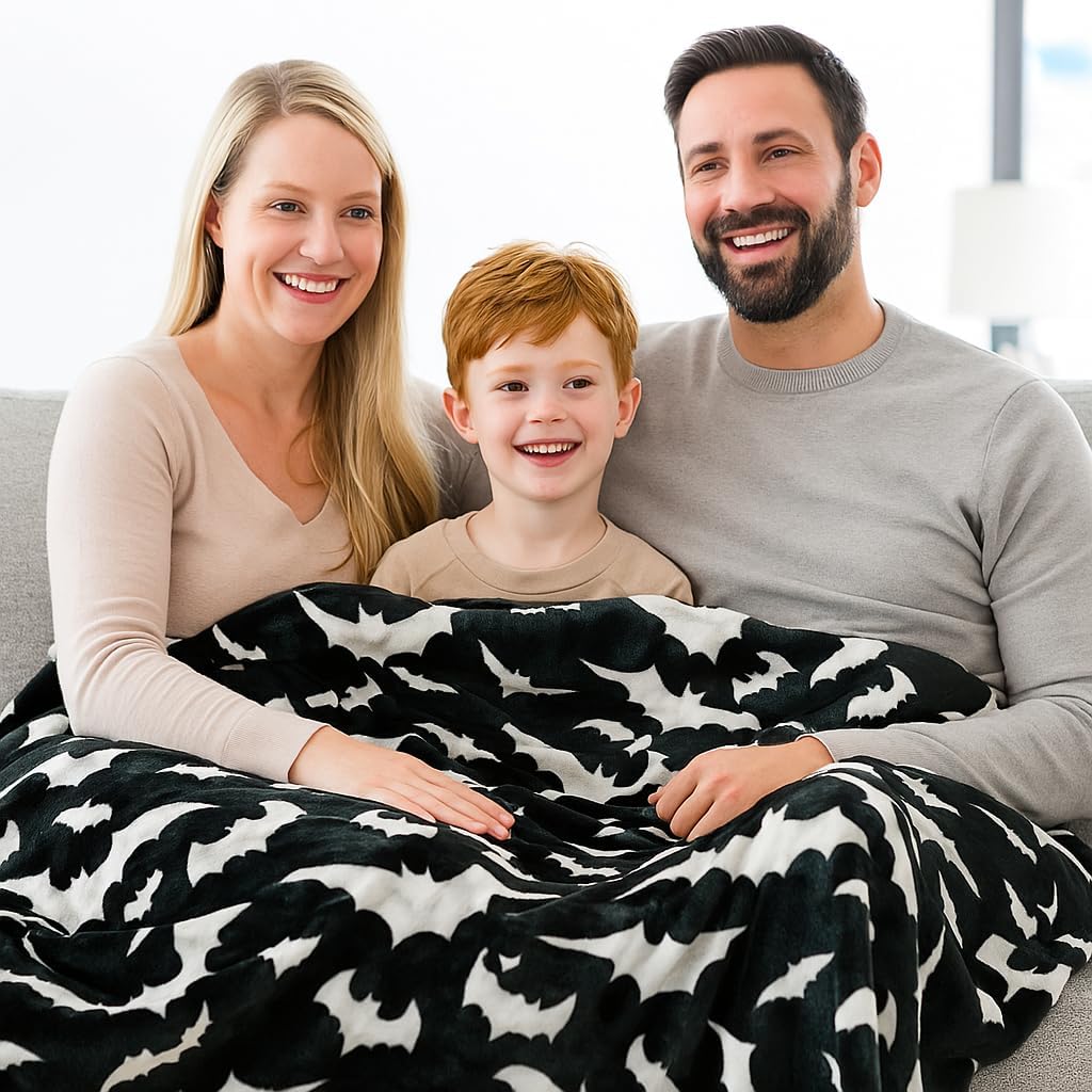 Spooky Halloween Throw Blanket for Couch or Sofa: Silver Night Bats on Black Design on Soft Velvet Fleece Oversized 50" x 70"