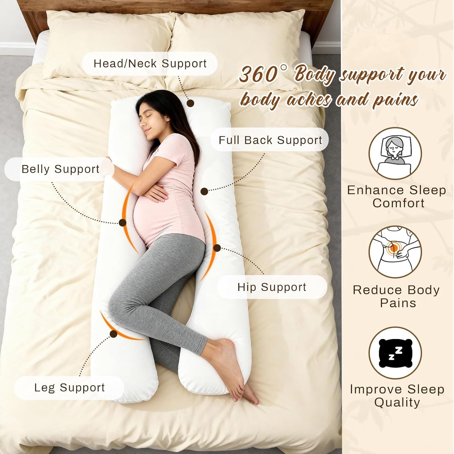 Leinuosen Organic Kapok U-Shape Pregnancy Pillow Natural Kapok Fiber Filled Maternity Pillows with Breathable Cotton Shell for Full Body Support, Hip & Back Pain Relief