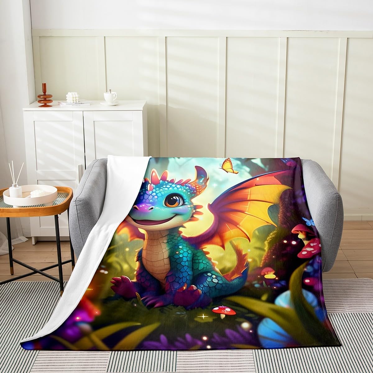 Cartoon Dragon Fleece Blanket Polka Dot Mushroom Throw Blanket Cute Western Dragon Fuzzy Blanket Fantasy Jungle Butterfly Plush Bed Blanket Throw Size for Home Bedroom Sofa Bed