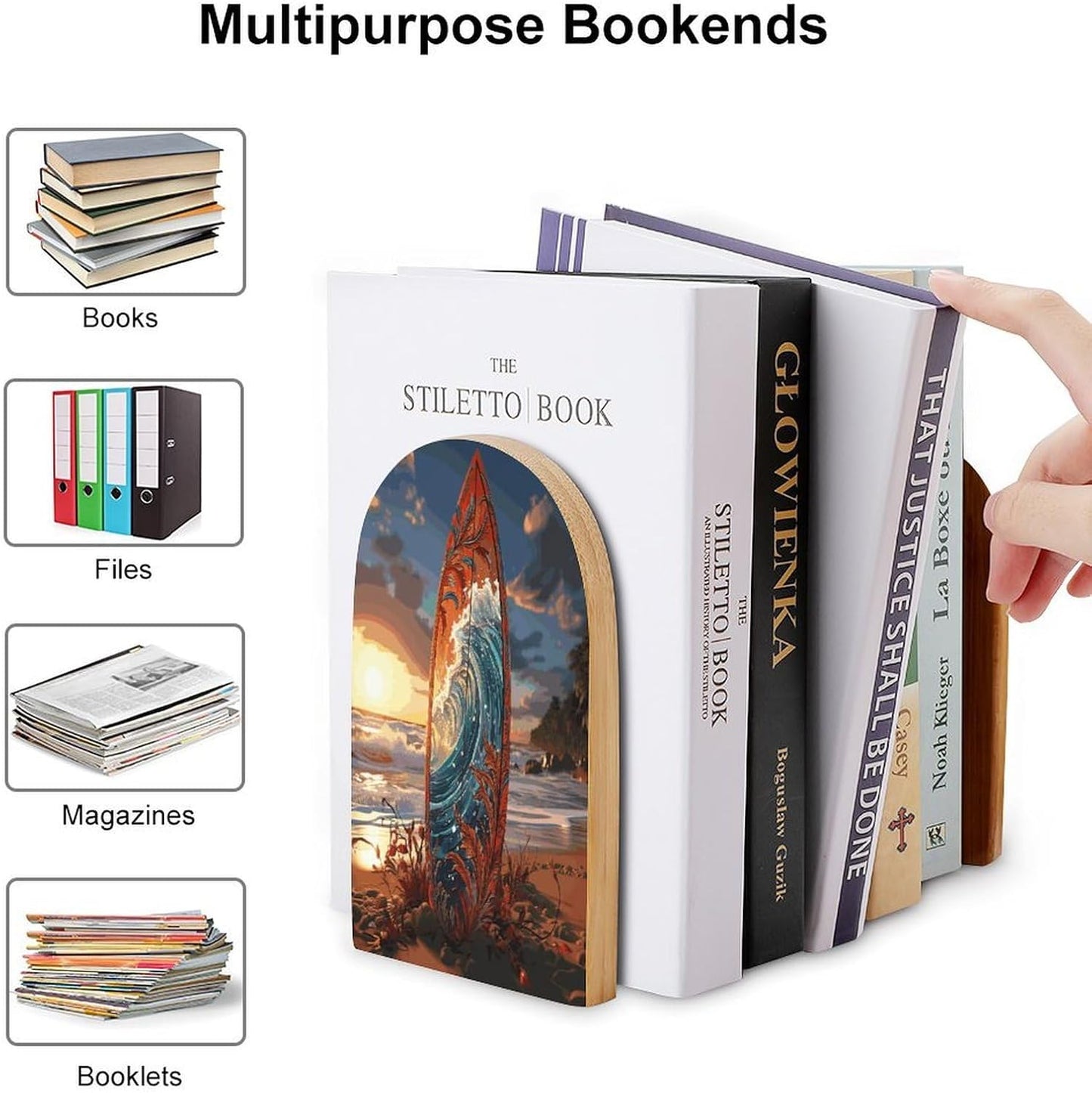 Colorful Surfboard Bookend for Shelves Wooden Book End Large Size Sturdy Book Holders Stoppers with Metal Base for Bookshelves Slick Decorative Bookends Stands