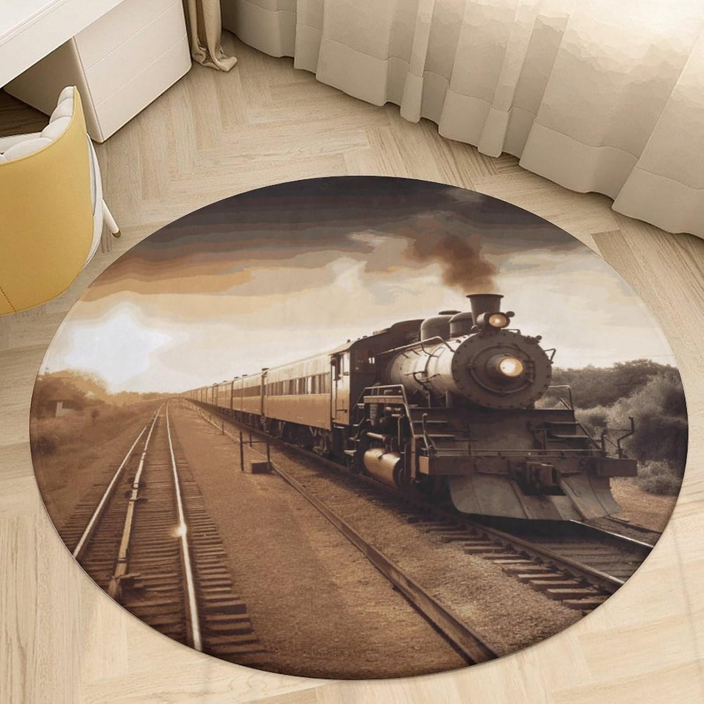 Train and Railway Circle Rug Retro Luxury Coral Velvet Floor Mat Non Slip Soft Indoor Floor Carpet Comfy Thickened Area Rugs Modern Aesthetic Minimalist Carpets for Home Decor