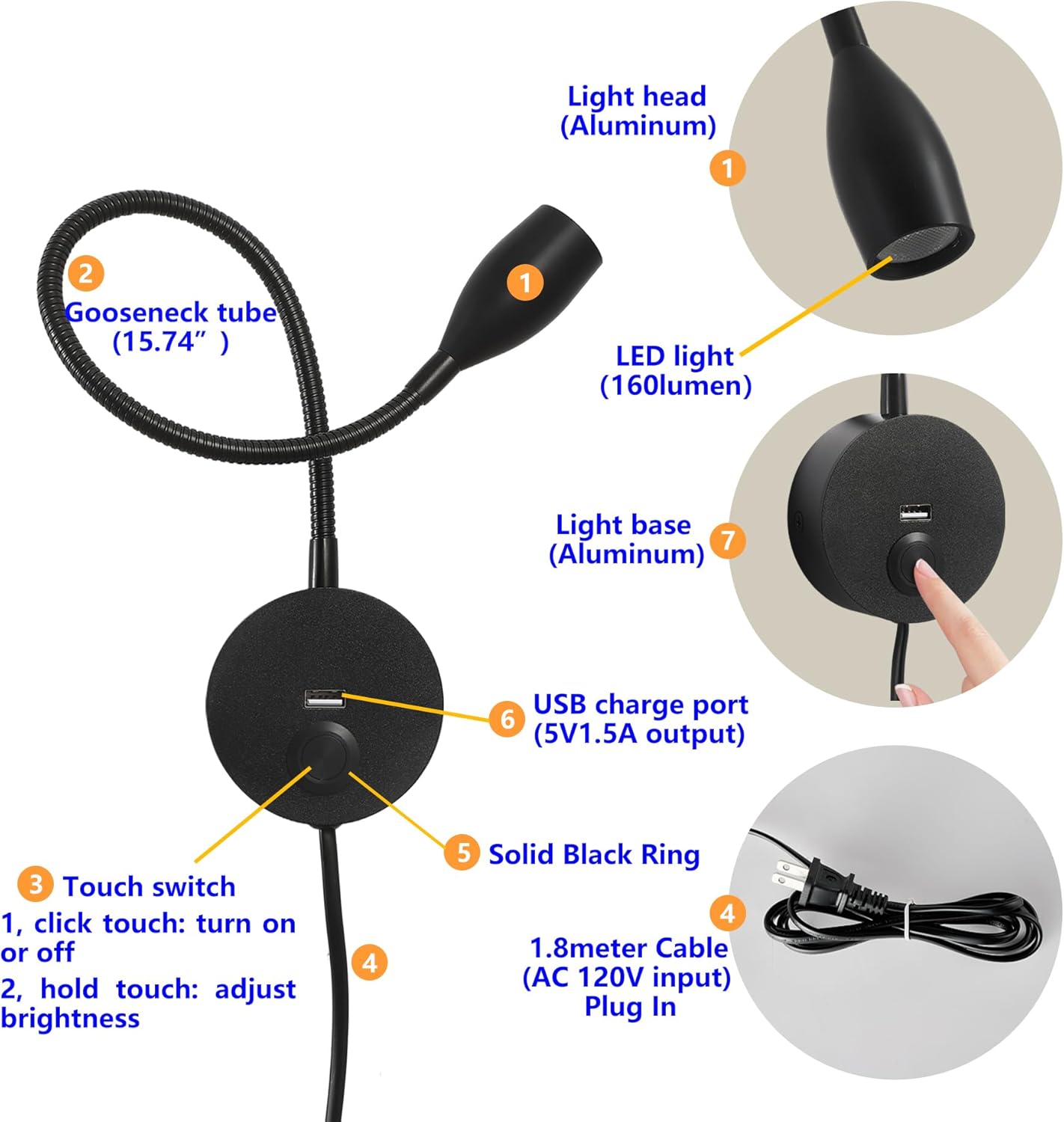 LED Wall Reading Light with USB Charging Port, Dimmable Gooseneck Bedside Lamp, Flexible Arm, 3W (Black, 120V Plug in, Warm White)
