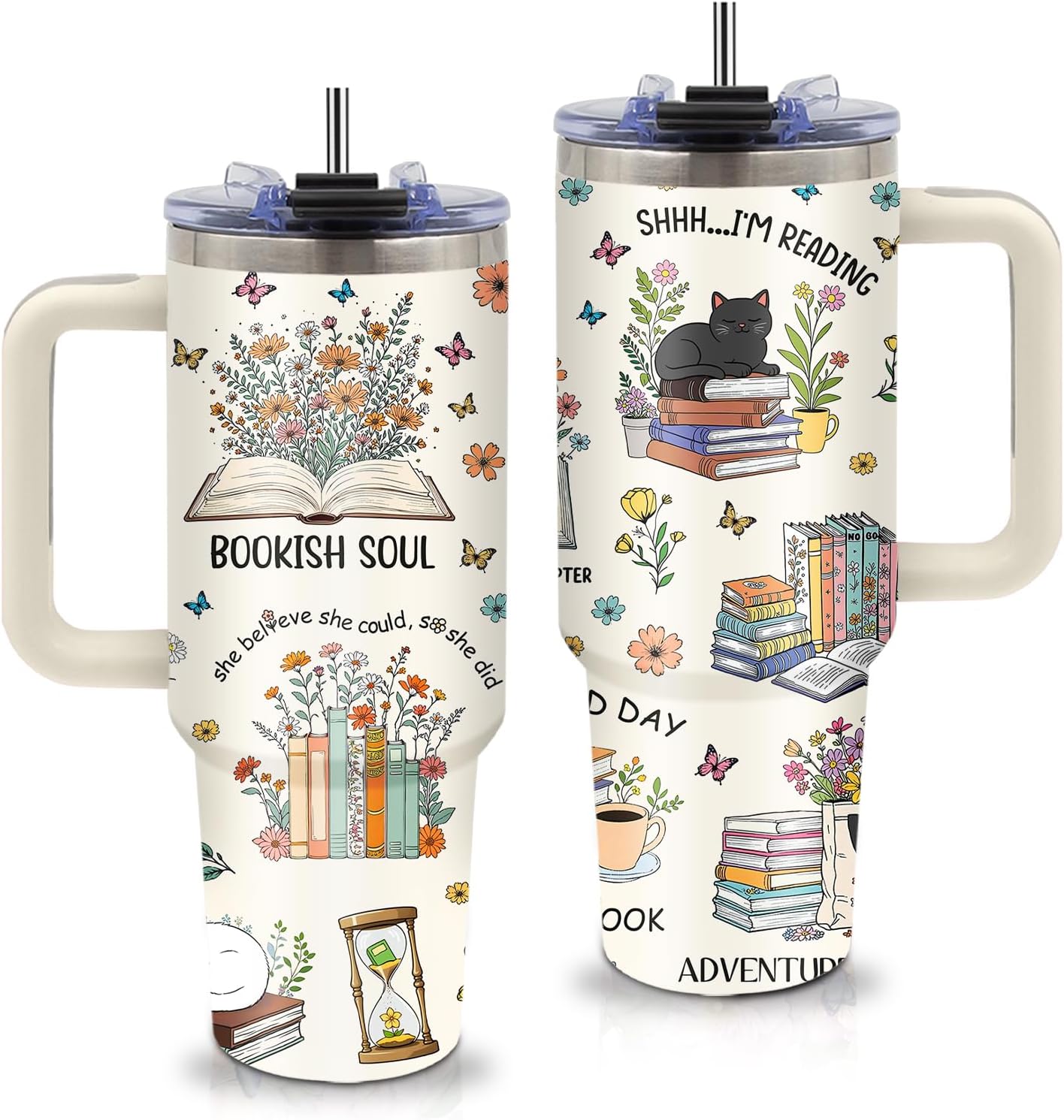 Book Lovers Gifts - Bookish Reading Book Tumbler 40oz with Handle and Straws, Leak-proof, Stainless Steel Insulated Travel Coffee Mugs for Books Lovers Cup, Gifts for Librarian Readers Birthday