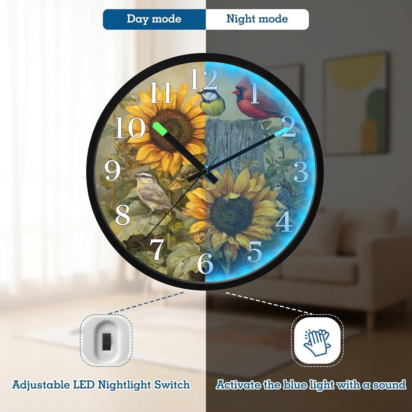 Red Cardinal Bird with Sunflower Night Light Wall Clock Light Up Luminous Non-Ticking Silent Battery Operated Clocks 12 Inch for Kitchen Home