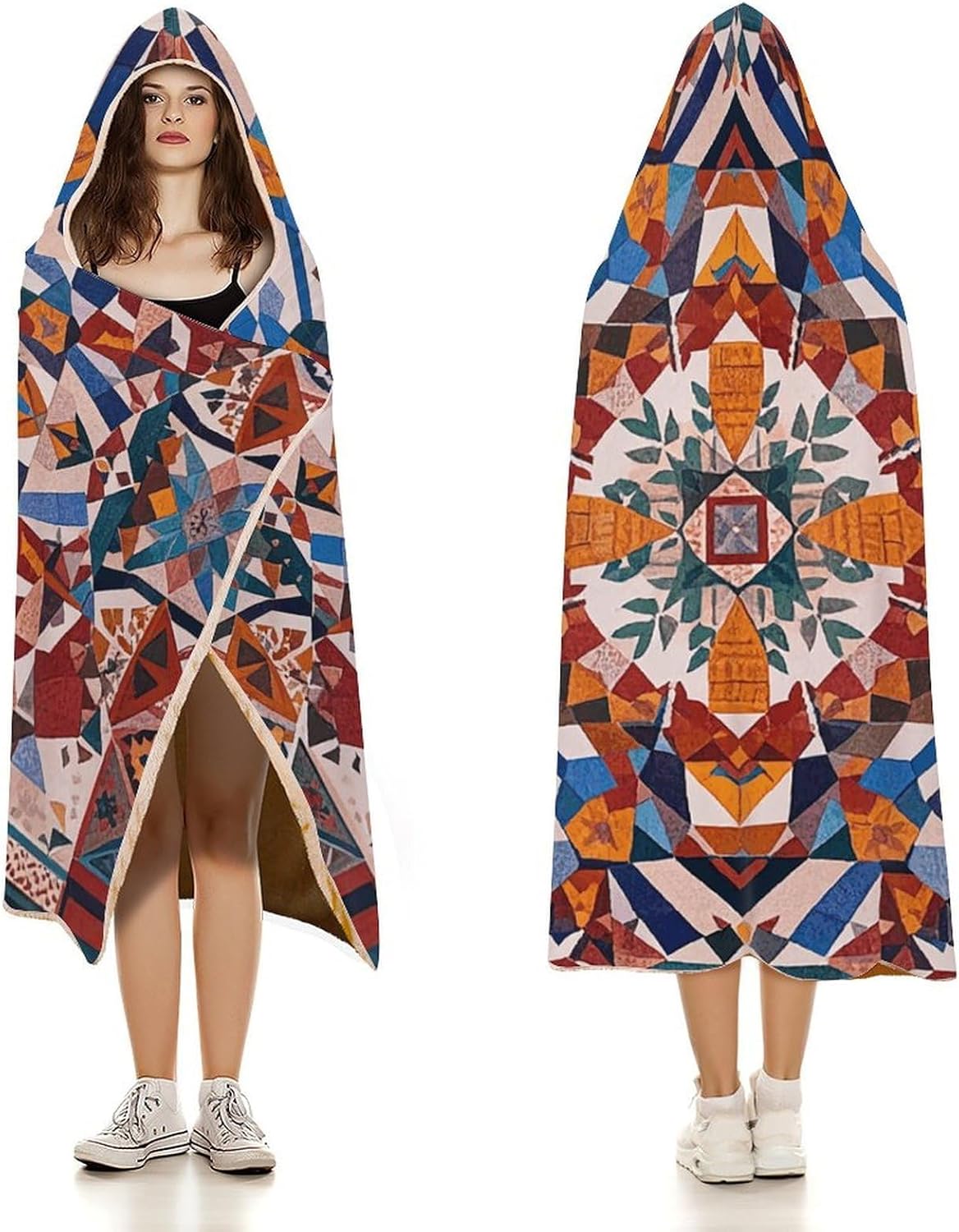 Patchwork Moroccan Wearable Blanket Hoodie for Women Men Oversized Soft Fleece Blanket Sweatshirt Cozy Poncho-