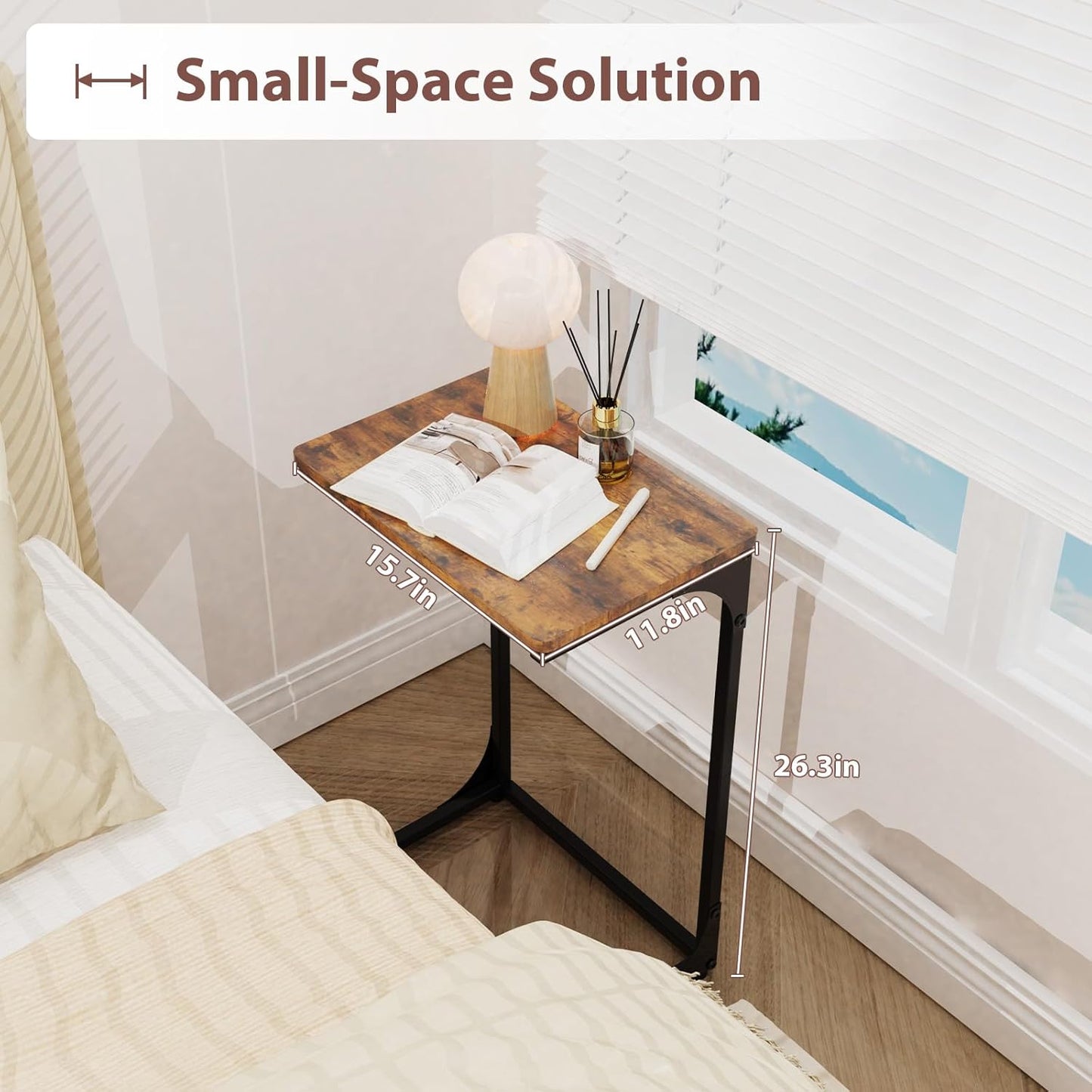 C-Shaped End Table — Slide-Under Sofa TV Tray, for Living Room / Bedroom / Home Office, Brown