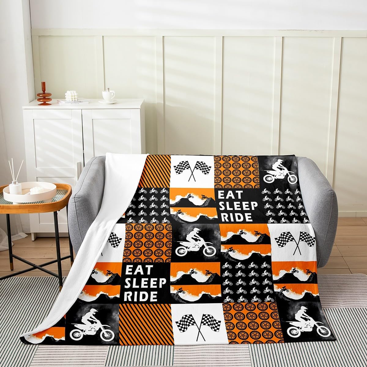 Dirt Bike Flannel Fleece Throw Blanket Kids,Extreme Sports Fuzzy Blanket For Bed Sofa Couch,All Season Racing Motocross Rider Bed Blanket Breathable Orange Grey Plush Blanket Room Decor Twin 60"x80"