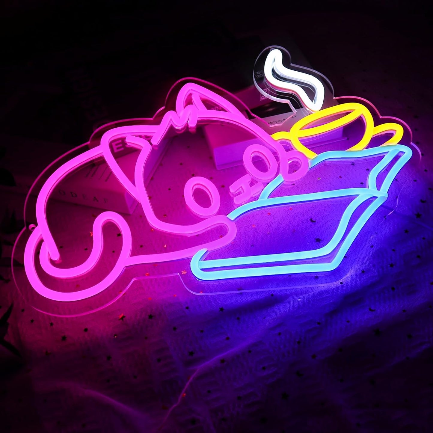 Cat Reading Book Neon Sign for Wall Decor, Cute Cat Led Signs for Library, USB Dimmable Neon Lights for Classroom Reading Cafe Corner Bedroom Study Room Home Book Club Motivational Wall Art