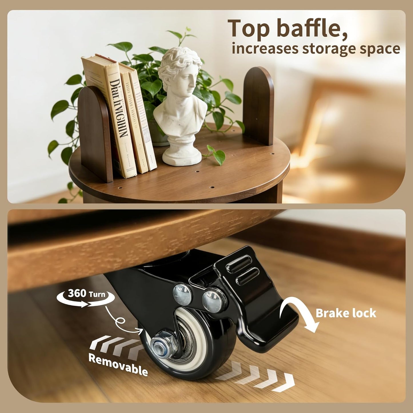 Kryonix Solid Wood Rotating Bookshelf on Wheels, Spinning Bookshelf Tower 5 Tier, 360° Revolving Bookcase, Multi-Functiona Corner Round Turning Book Shelf Organizer for Small Spaces, Walnut