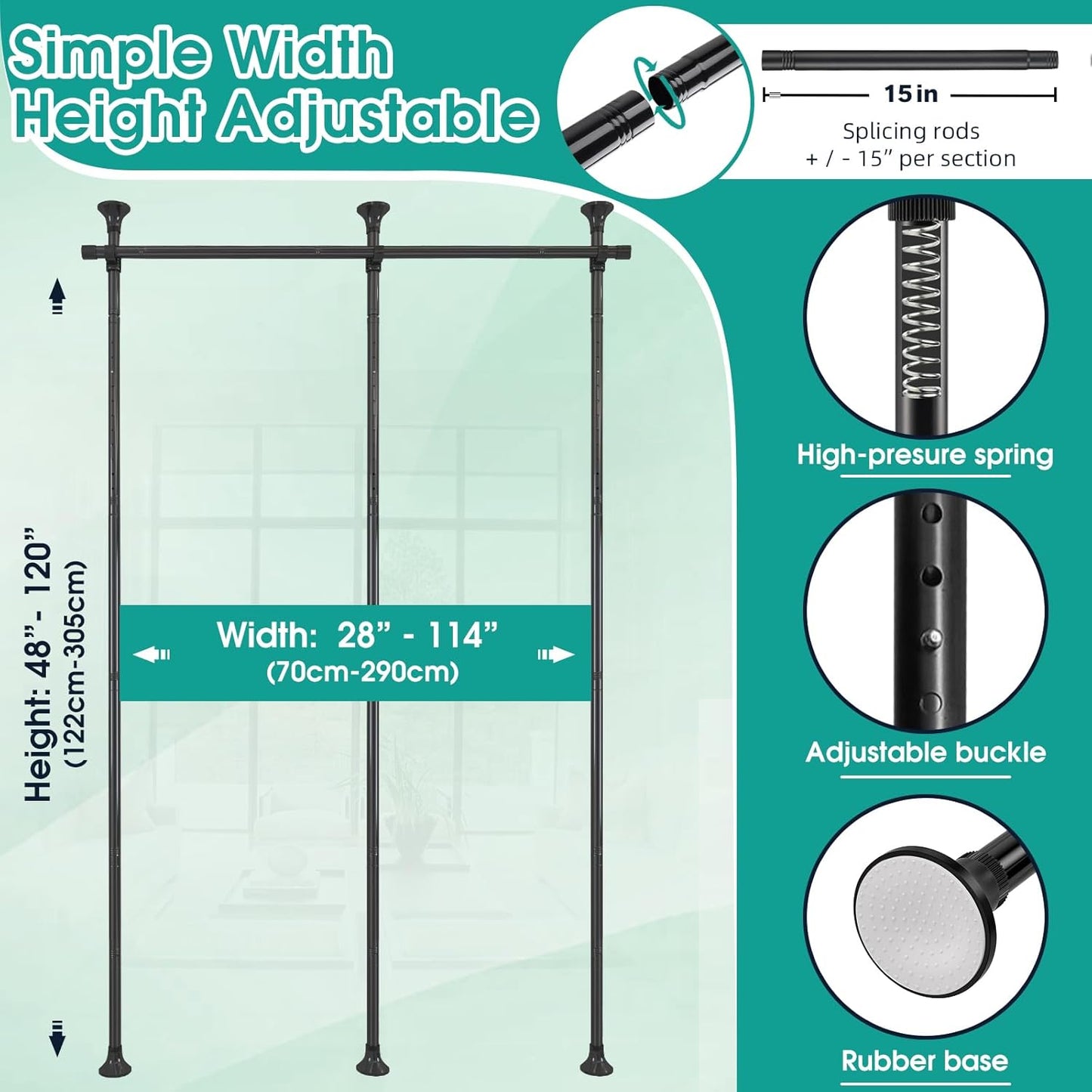 Room Divider, No Drilling Floor to Ceiling Room Divider Curtain Rods Freestanding Tension Rod Wall Divider Heavy Duty Black Room Dividers for Privacy,Partition Separators, 28-114inch(W) 4-10ft (H)