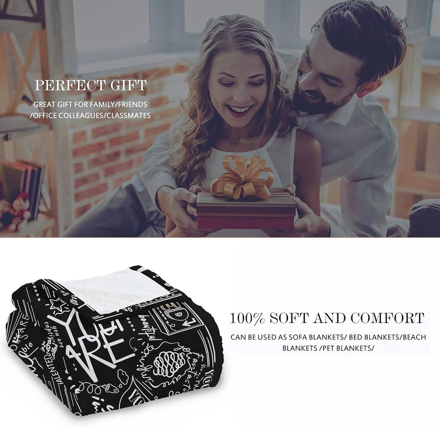 Inspirational Quote Throw Blanket, Positive Psychological Hint Word You are Cozy Decor Nap Cash Blankets Gift for Teens Kids Children Student College Dorm Throws White and Black 40×50 inches