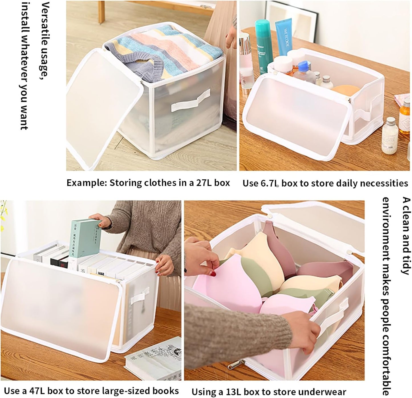 3-Pack Durable Waterproof Plastic Storage Boxes, Foldable Organizers with Double Zippers & Handles for Clothes, Books, Toys, 30L (15.7"×11.8"×9.8")