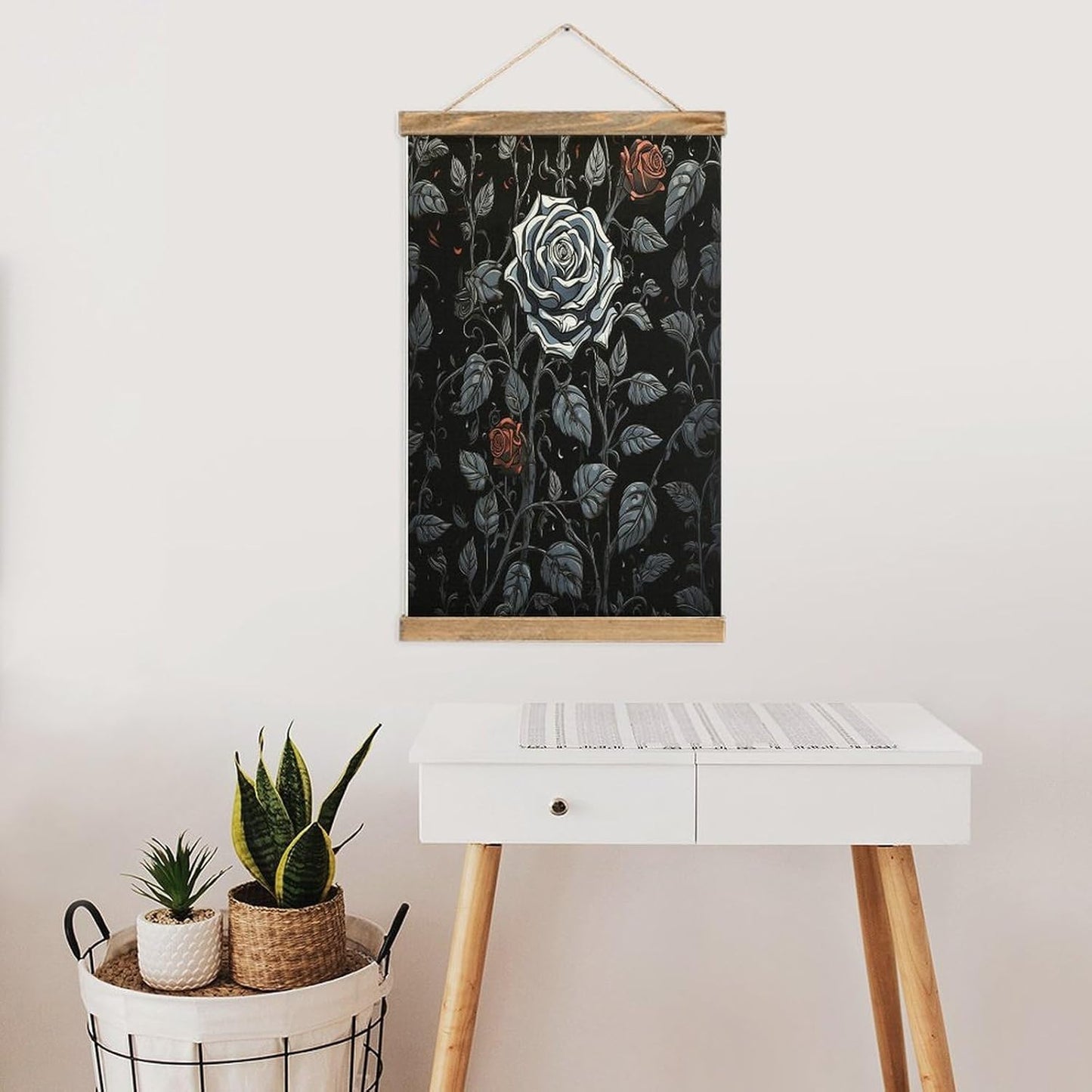 Vintage Rose Gothic Poster with Wooden Frame Personalized Linen Hanging Scroll Painting Rustic Wall Hanging Illustrative Modern Artwork Decor for Home Living Room Bedroom Office