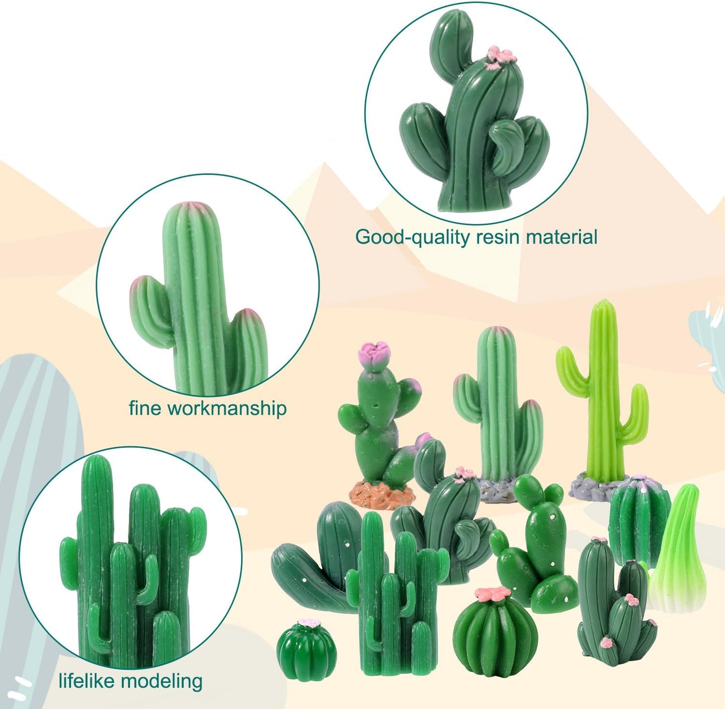 24pcs Miniature Resin Cactus, 12 Sizes Mini Cactus Figurines Tiny Small Cute Resin Succulent Toy Plant Decor Accessories for Car Interior Office Desk Micro Landscape Dollhouse(Green)