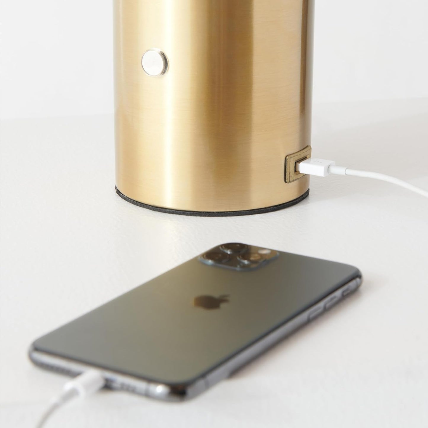 Brightech Kai LED Table Lamp with USB Port - Small Bedside Reading Modern Desk Lamp, Nightstand Light with Ambient Lighting for Bedroom, Living Room, Office - Modern Globe Lamp Shade, Brass Finish