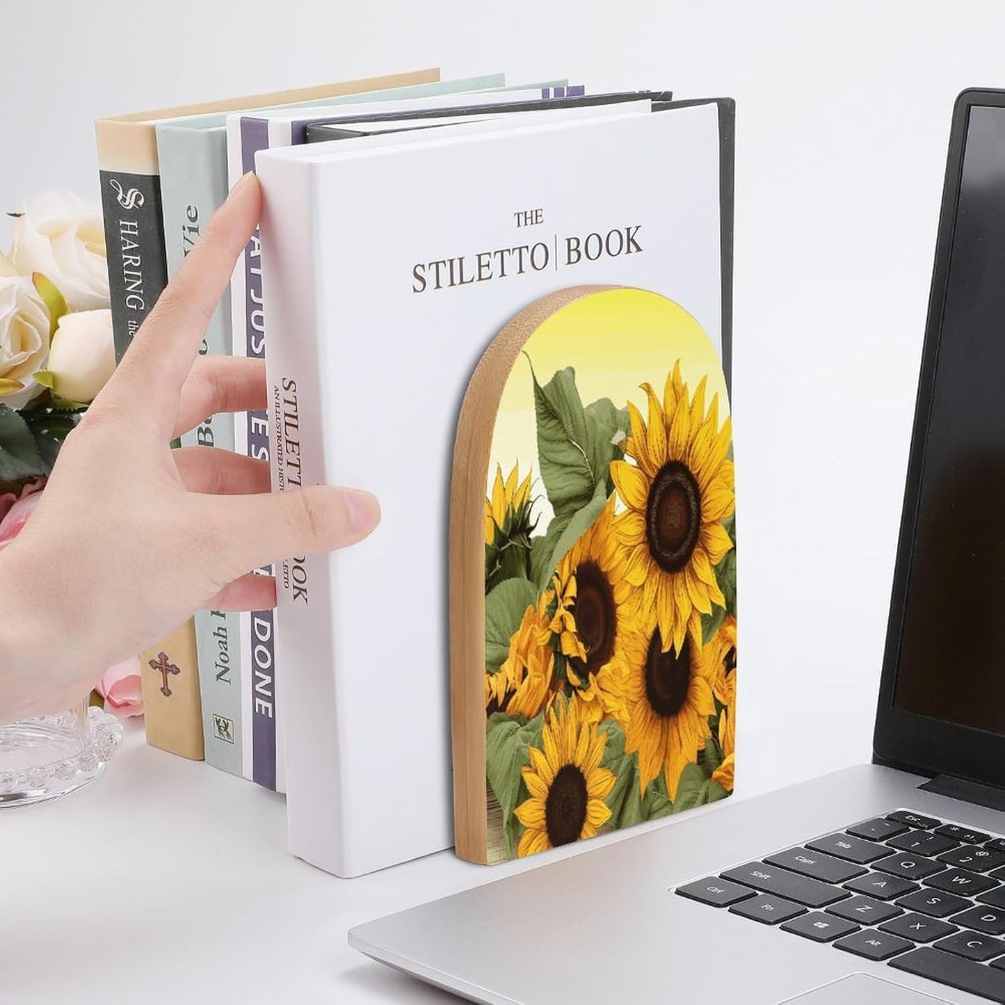 Sunflowers Floral Bookend for Shelves Wooden Book End Large Size Sturdy Book Holders Stoppers with Metal Base for Bookshelves Slick Decorative Bookends Stands