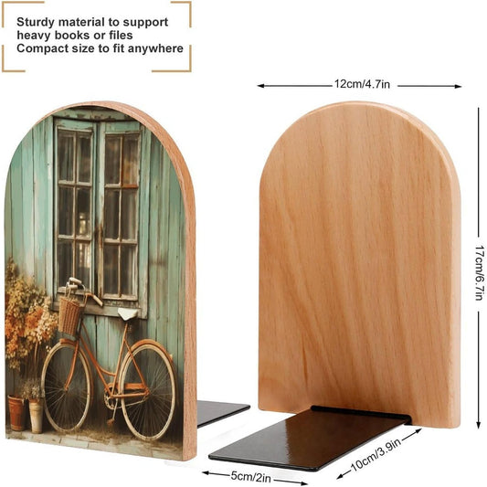 Vintage Window with Bicycle Wooden Bookend Non-Slip Book Ends Heavy Duty Book Stopper with Metal Base Books Holderd Decorative Bookends Stands Firmly for Office Supplies