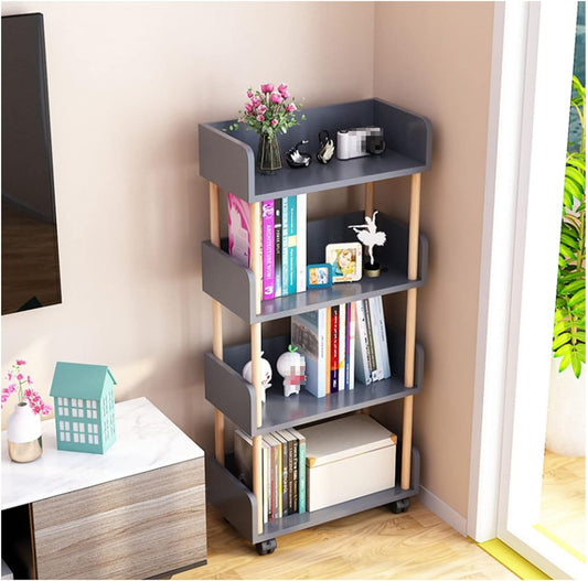 Modern Wooden Bookcase with Universal Wheels - Free Standing Multifunctional Open Bookshelf & Storage Organizer for Home Office, Living Room, and Study.