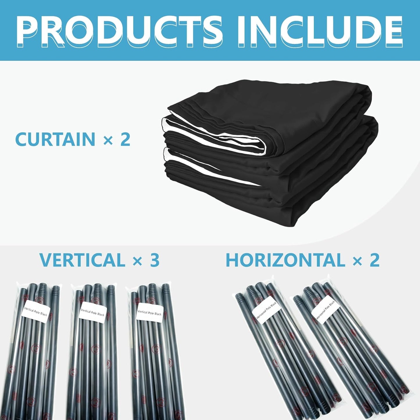 No-Drill Room Divider Curtains Set: Includes 106" W x 84" L Black Curtain 2-Panel & Adjustable Pole Brackets (72-200" W x 43-120" H Adjustable Range)