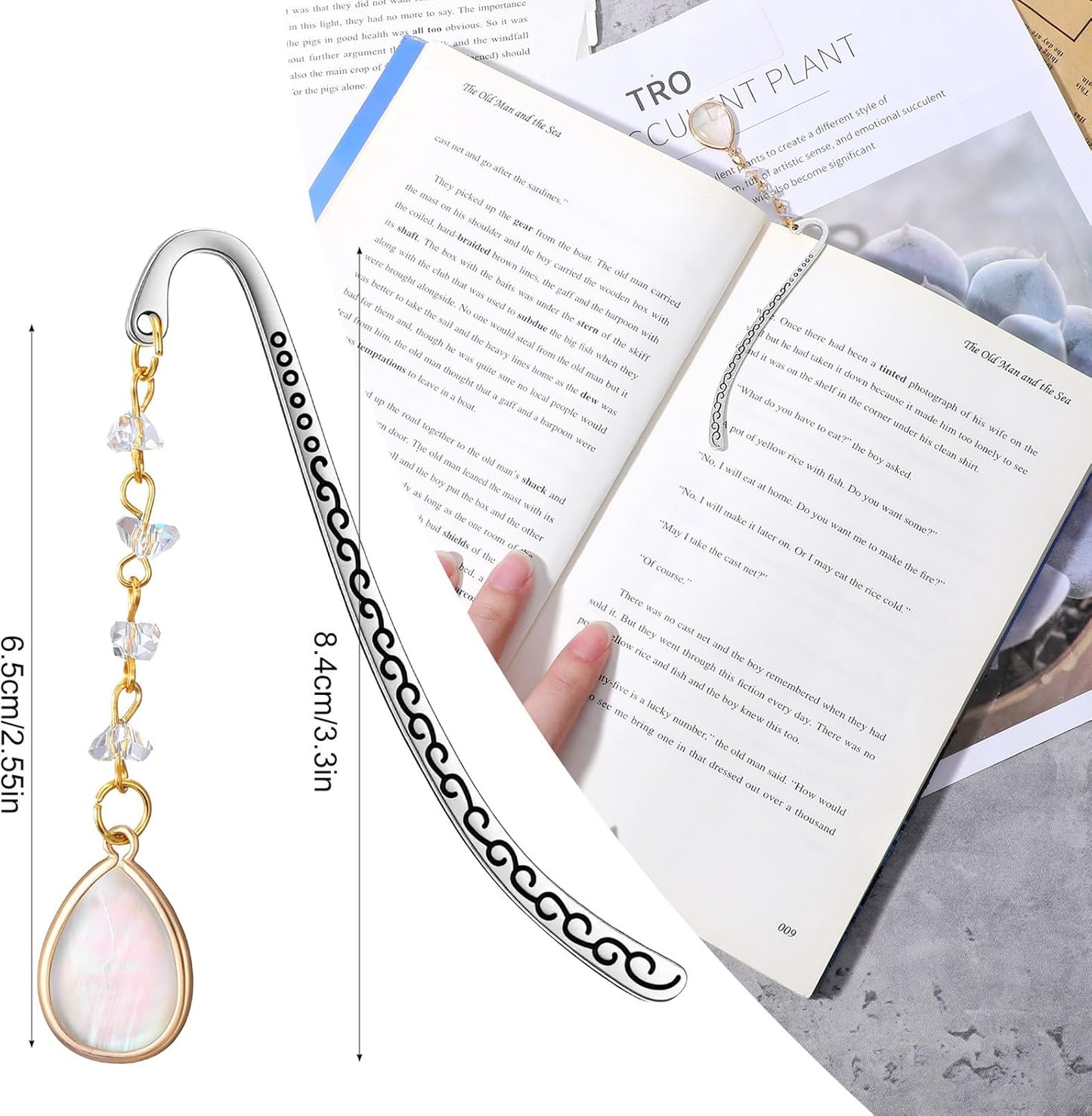 Vintage Metal Bookmark, Bookmark with Pendant, Embossed Bookmarks Elegant Opal Bookmarks with Drop Shell&Clear Quartz Crystal Stones Bead Chain for Women Men Book Lovers Teachers Girls (Silver)