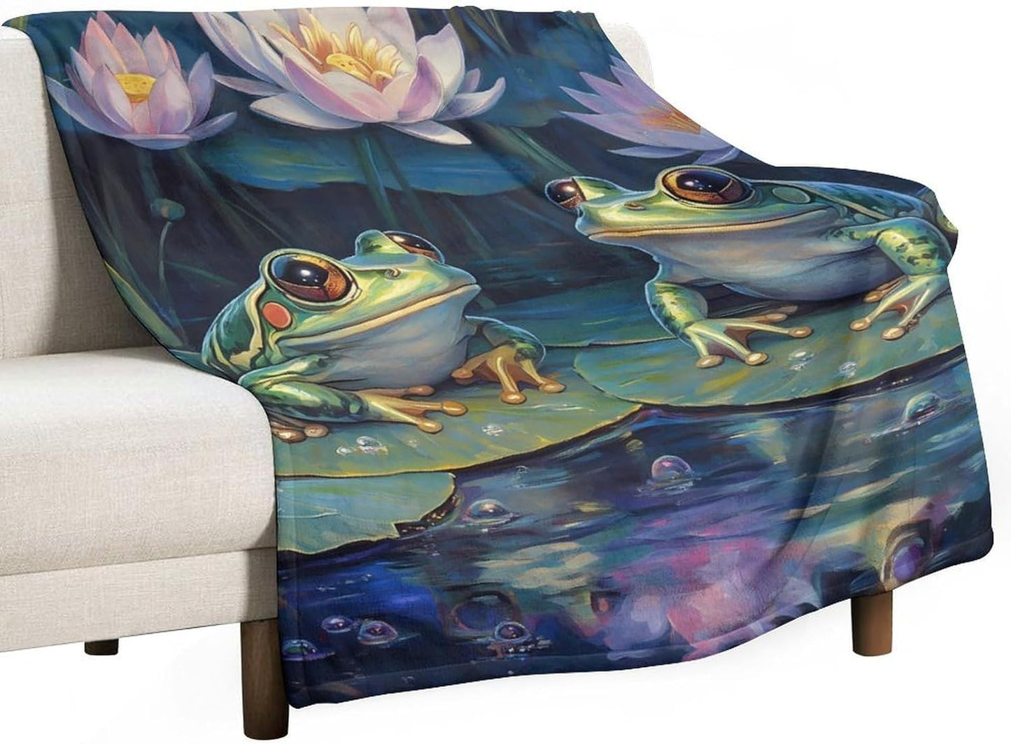 Frog Lotuses Throw Blanket for Couch Bed Plush Cozy Fuzzy Flannel Blanket for All Season 55"x70"