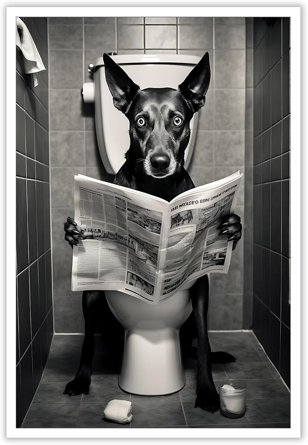 Vintage Dog Reading Newspaper Posters Doberman Sitting On The Toilet Canvas Wall Art Animals Black And White Prints Painting For Bathroom Home Bedroom Dorm Wall Decor 12x16in Unframed