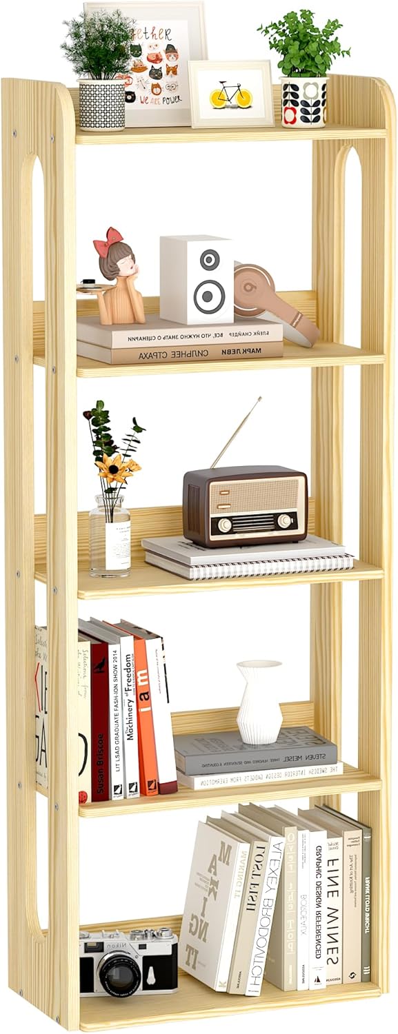 5 Tier Tall Solid Wood Bookshelf - Narrow Open Shelf Wooden Bookcase, Floor Standing Display Storage Rack Bookshelves, Large Rustic Corner Book Storage Organizer for Bedroom, Study Home Office