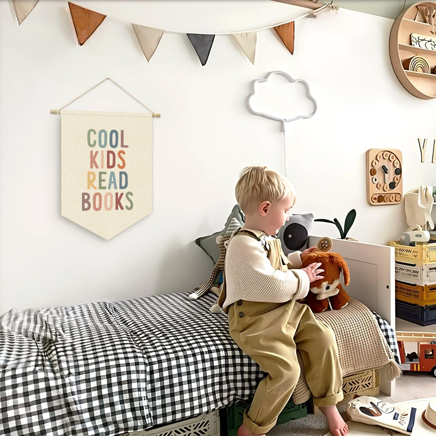 Cool Kids Read Books Reading Room Decor - Boho Rainbow Canvas Banner Flag Decor for Kids Nursery Toddler Reading Corner Nook Classroom Library, Wall Hanging Pennant Flag Banner 15x11in