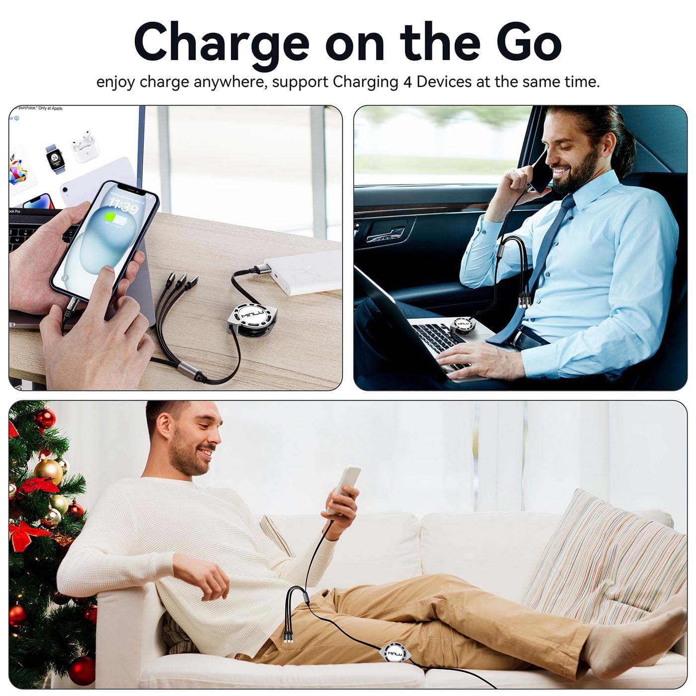 MINLU Multi Charging Cable 4A, 2Pack 4Ft Retractable Multi Fast Charger Cable, Multiple Charging Cord, 4 in 1 Multi USB Cable with Type C/Micro USB Ports for Cell Phones/IP/Galaxy/PS/Tablets/iPads