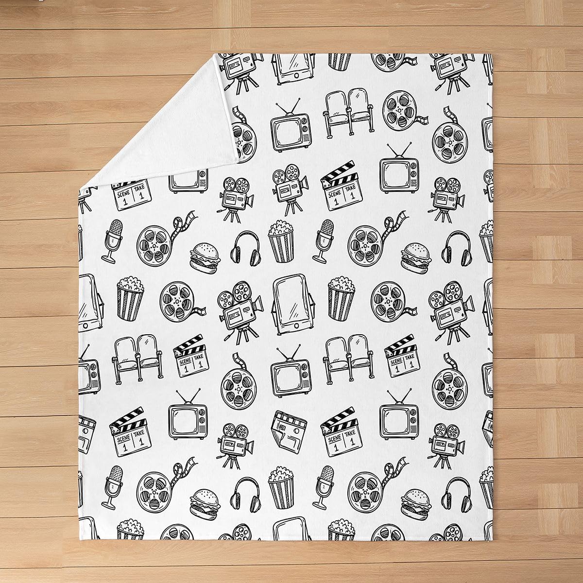 Feelyou Cinema Pattern Plush Throw Blanket White Line Art Movie Flannel Blanket Twin 60"x80" Retro Cinema Aesthetic All Season Cute Movie for Couch Bed Sofa Bedroom Decor