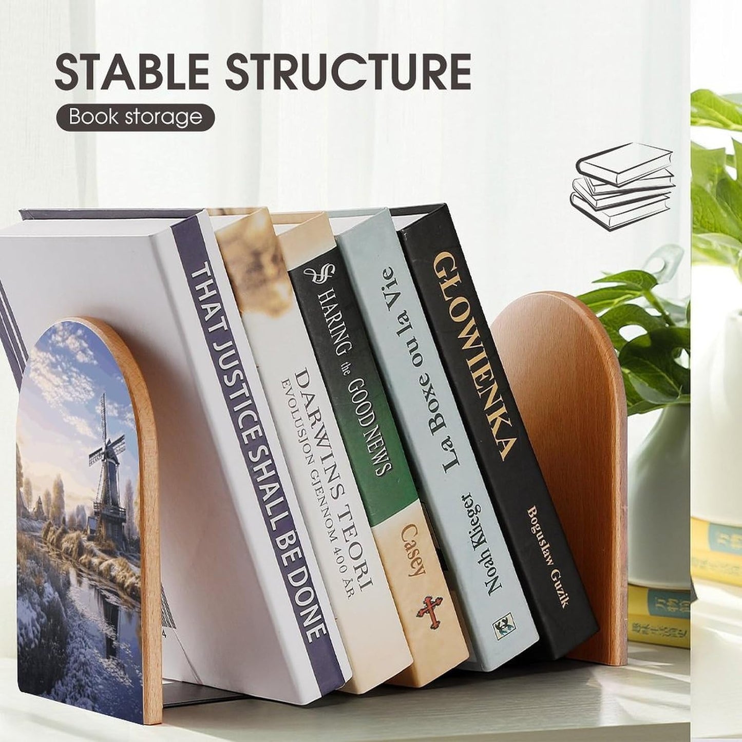 Landscape with A Traditional Windmill Bookend for Shelves Wooden Book End Large Size Sturdy Book Holders Stoppers with Metal Base for Bookshelves Slick Decorative Bookends Stands
