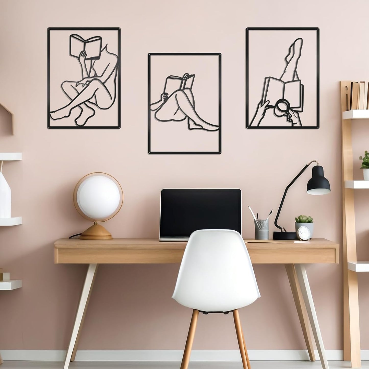 Zzbakress 3 Pcs Female Book Wall Art Black Metal Wall Decor Large Reading Room Decor Minimalist Line Wall Art Black Abstract Wall Art for Reading Room Living Room Bedroom (Elegant)