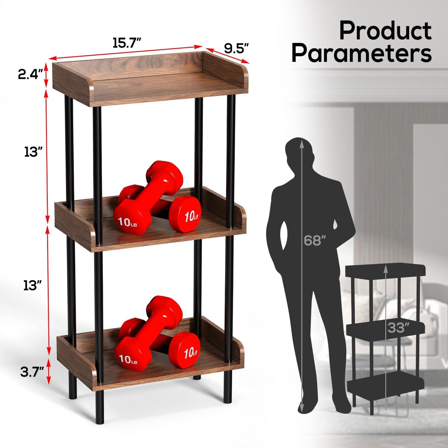 Bookshelf, 3 Tier Bookcase, Industrial Small Book Shelf, Rustic Brown Bookshelf, Metal Display Shelf Storage Organizer for Living Room, Bedroom& Home Office